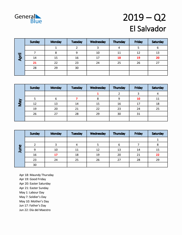 Free Q2 2019 Calendar for El Salvador - Sunday Start