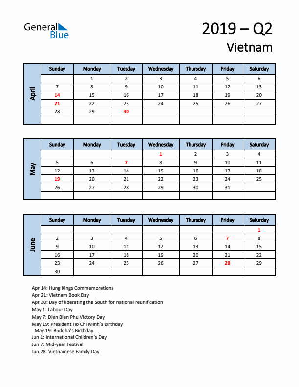 Free Q2 2019 Calendar for Vietnam - Sunday Start