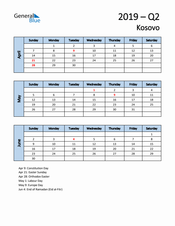 Free Q2 2019 Calendar for Kosovo - Sunday Start