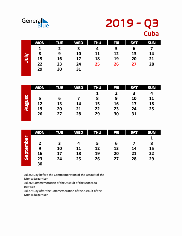 Q3 2019 Calendar with Holidays in Cuba