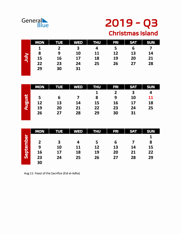 Q3 2019 Calendar with Holidays in Christmas Island