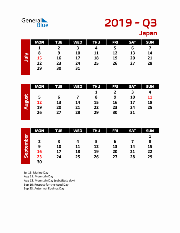 Q3 2019 Calendar with Holidays in Japan