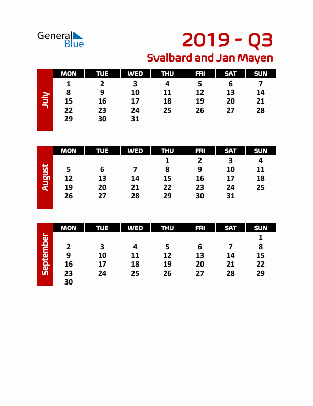 Q3 2019 Calendar with Holidays in Svalbard and Jan Mayen