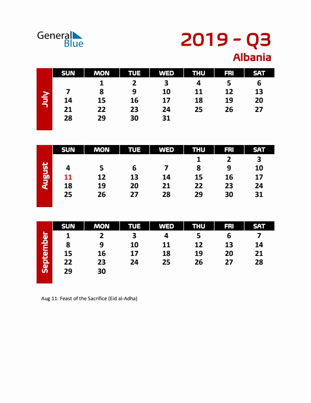 Q3 2019 Calendar with Holidays in Albania