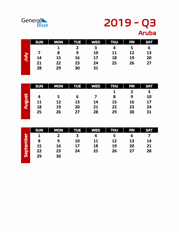 Q3 2019 Calendar with Holidays in Aruba