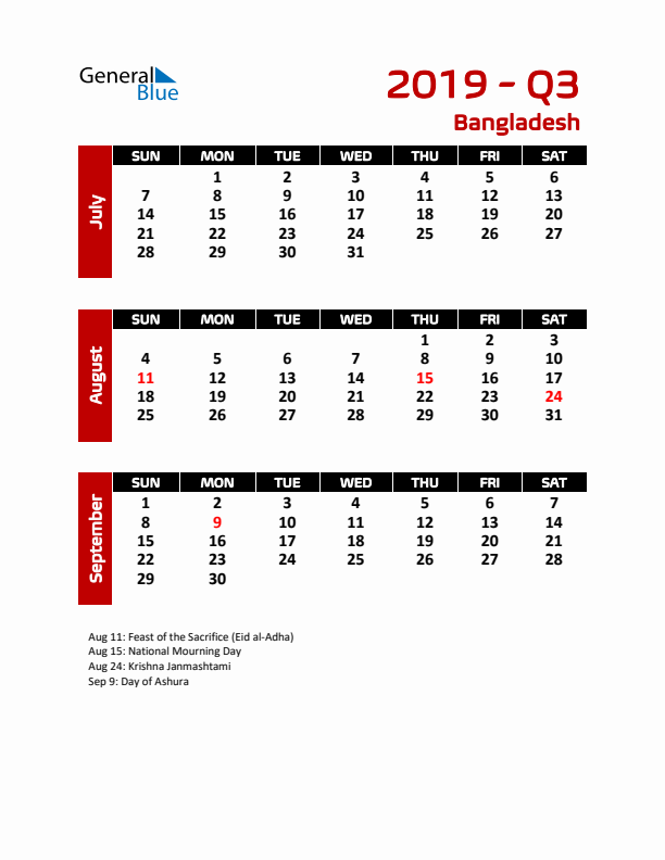 Q3 2019 Calendar with Holidays in Bangladesh