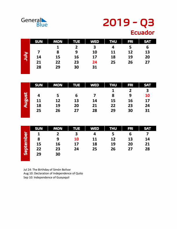 Q3 2019 Calendar with Holidays in Ecuador