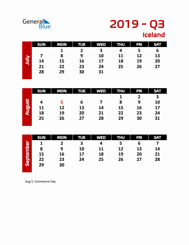 Q3 2019 Calendar with Holidays in Iceland