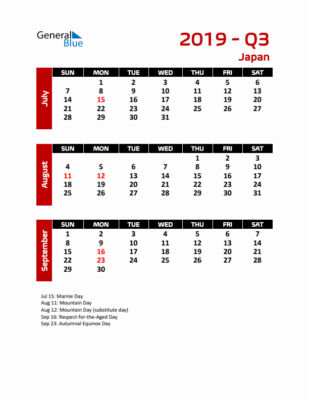 Q3 2019 Calendar with Holidays in Japan