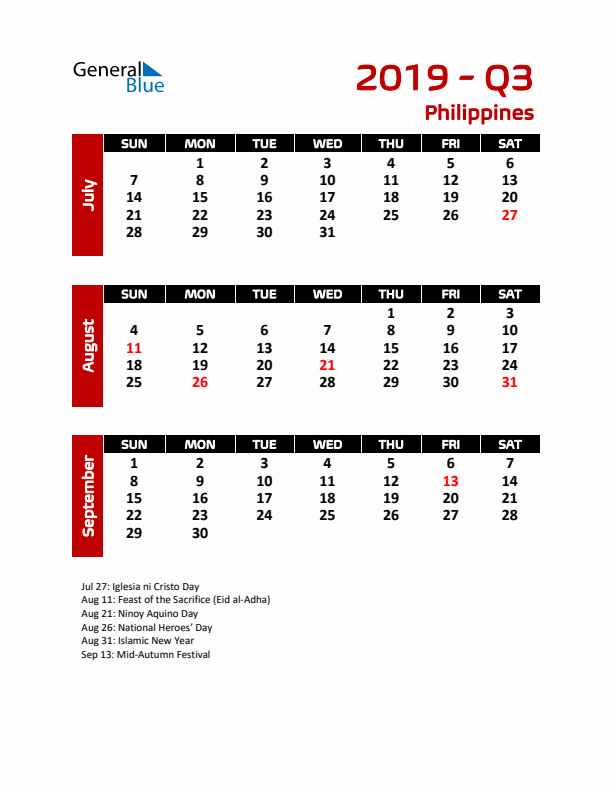 Q3 2019 Calendar with Holidays in Philippines