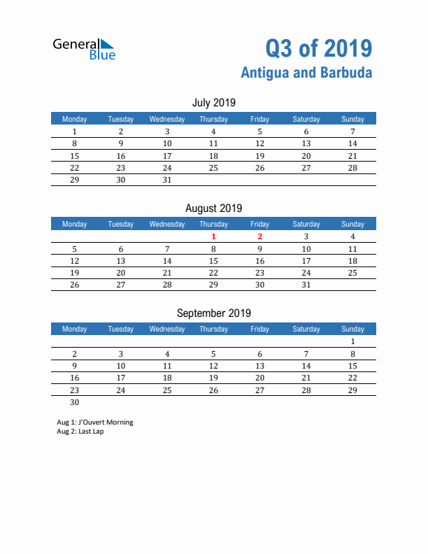 Antigua and Barbuda Q3 2019 Quarterly Calendar with Monday Start