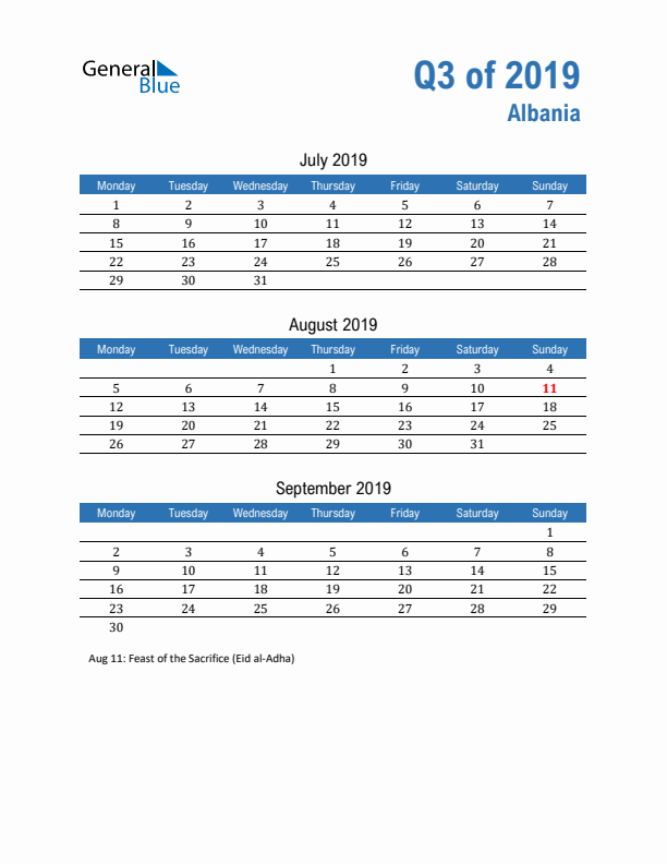 Albania Q3 2019 Quarterly Calendar with Monday Start