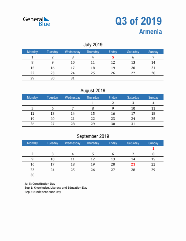 Armenia Q3 2019 Quarterly Calendar with Monday Start