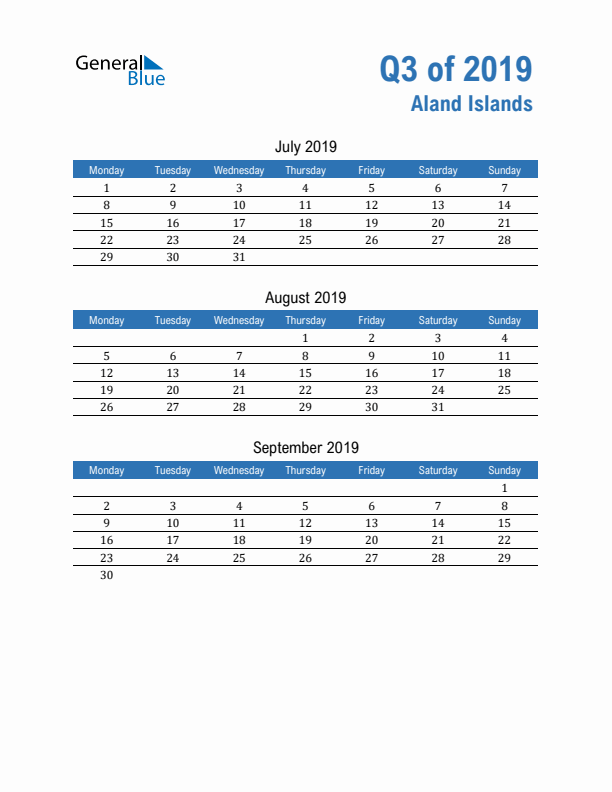 Aland Islands Q3 2019 Quarterly Calendar with Monday Start