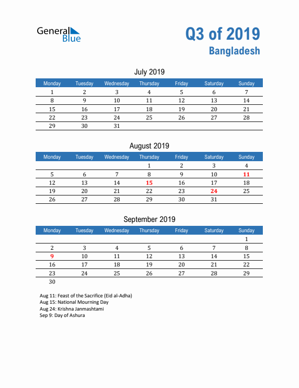 Bangladesh Q3 2019 Quarterly Calendar with Monday Start