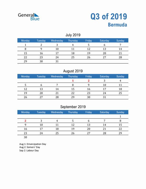 Bermuda Q3 2019 Quarterly Calendar with Monday Start