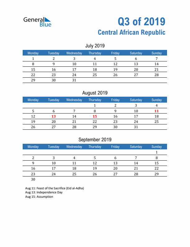 Central African Republic Q3 2019 Quarterly Calendar with Monday Start