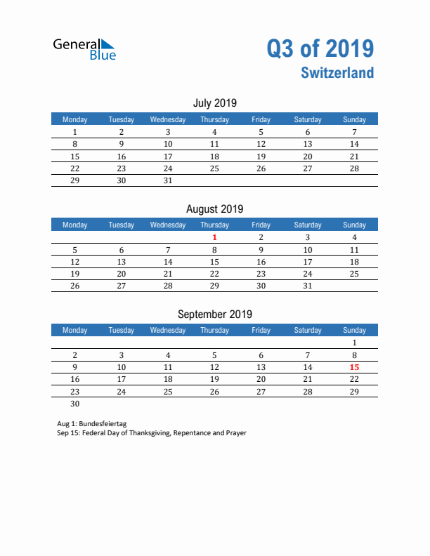 Switzerland Q3 2019 Quarterly Calendar with Monday Start