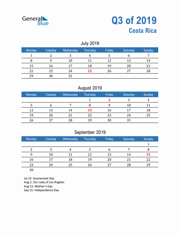 Costa Rica Q3 2019 Quarterly Calendar with Monday Start