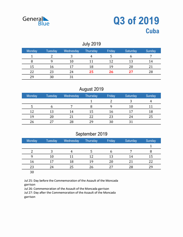 Cuba Q3 2019 Quarterly Calendar with Monday Start