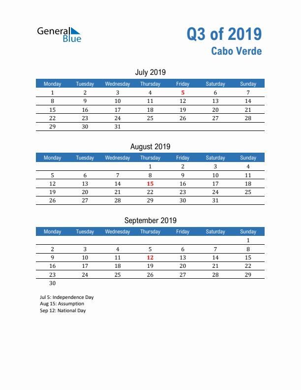 Cabo Verde Q3 2019 Quarterly Calendar with Monday Start