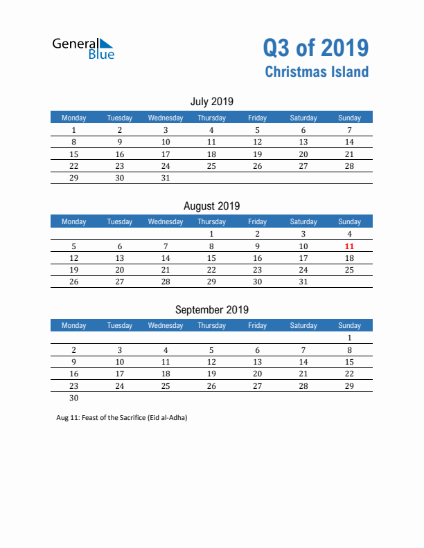 Christmas Island Q3 2019 Quarterly Calendar with Monday Start