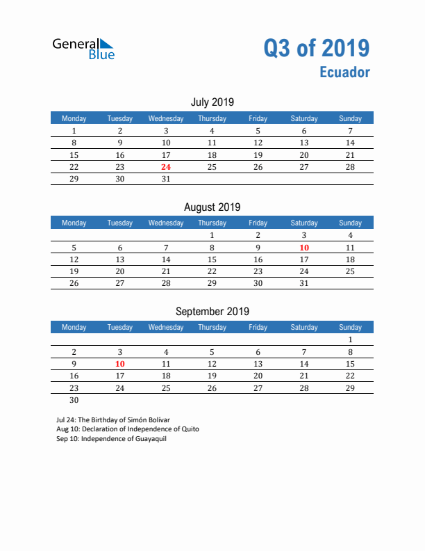 Ecuador Q3 2019 Quarterly Calendar with Monday Start