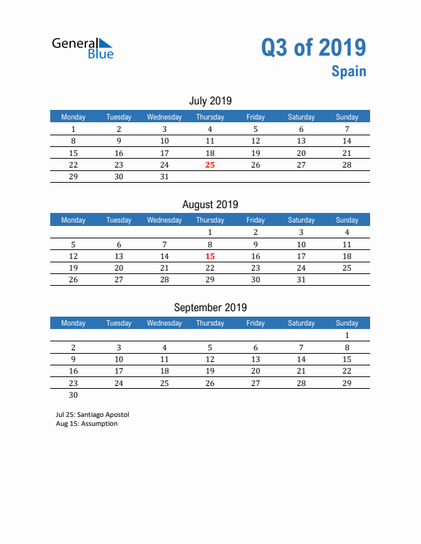 Spain Q3 2019 Quarterly Calendar with Monday Start