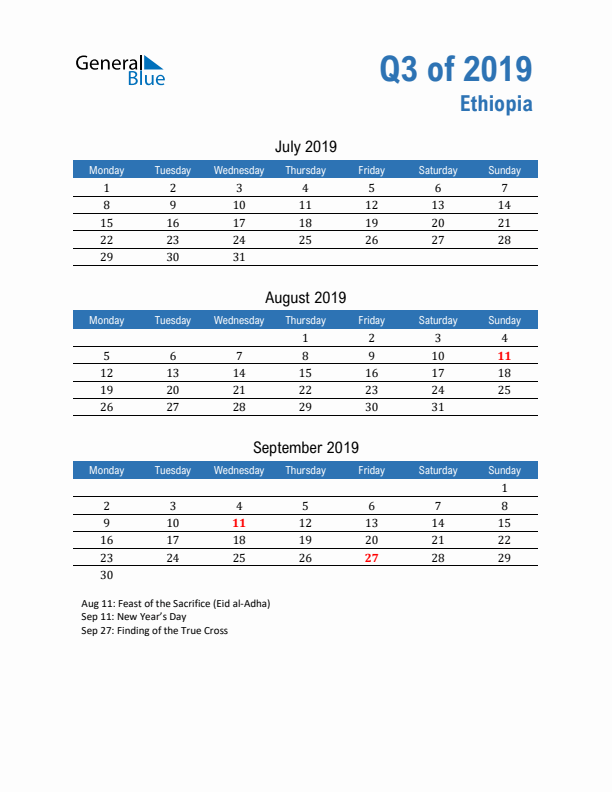 Ethiopia Q3 2019 Quarterly Calendar with Monday Start