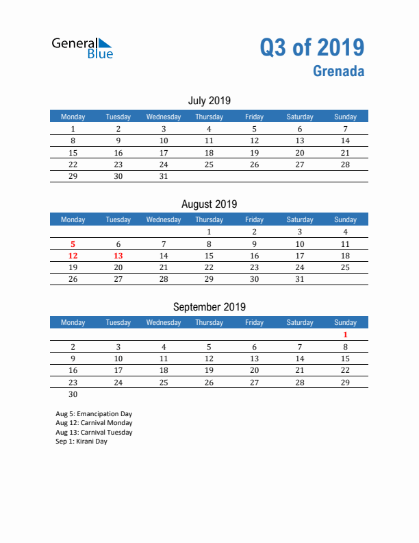 Grenada Q3 2019 Quarterly Calendar with Monday Start