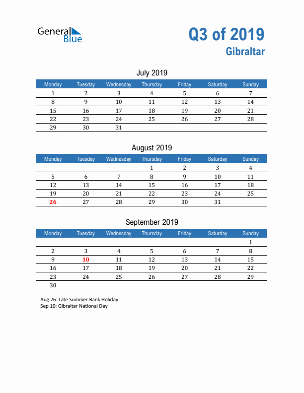 Gibraltar Q3 2019 Quarterly Calendar with Monday Start