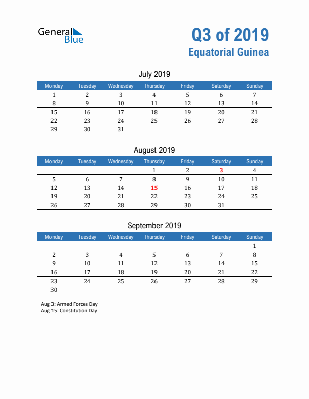 Equatorial Guinea Q3 2019 Quarterly Calendar with Monday Start