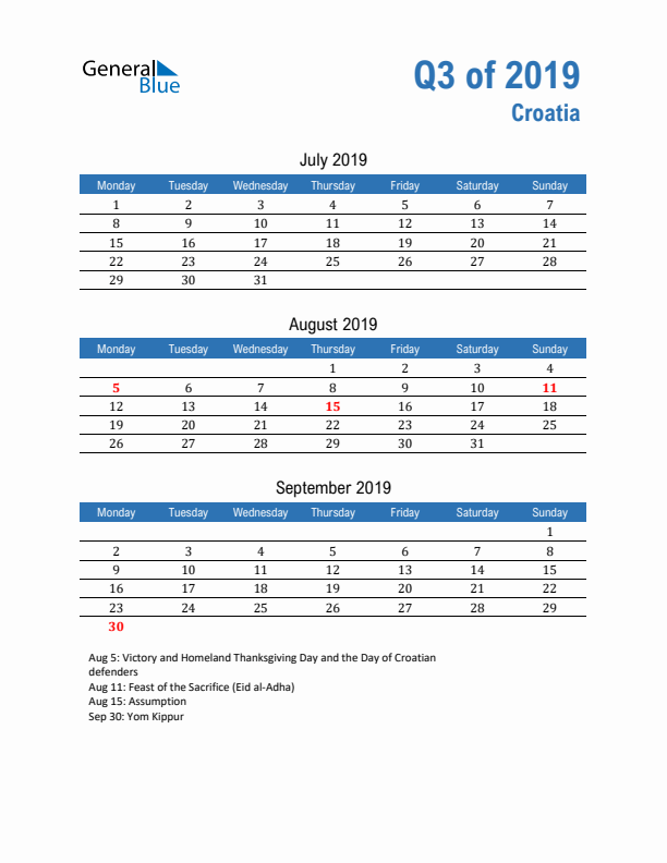 Croatia Q3 2019 Quarterly Calendar with Monday Start