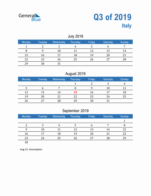 Italy Q3 2019 Quarterly Calendar with Monday Start