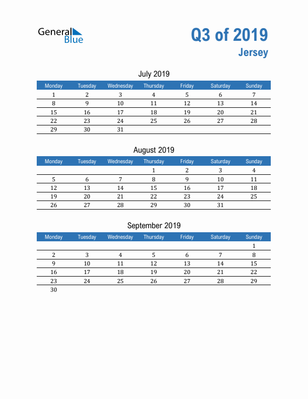 Jersey Q3 2019 Quarterly Calendar with Monday Start