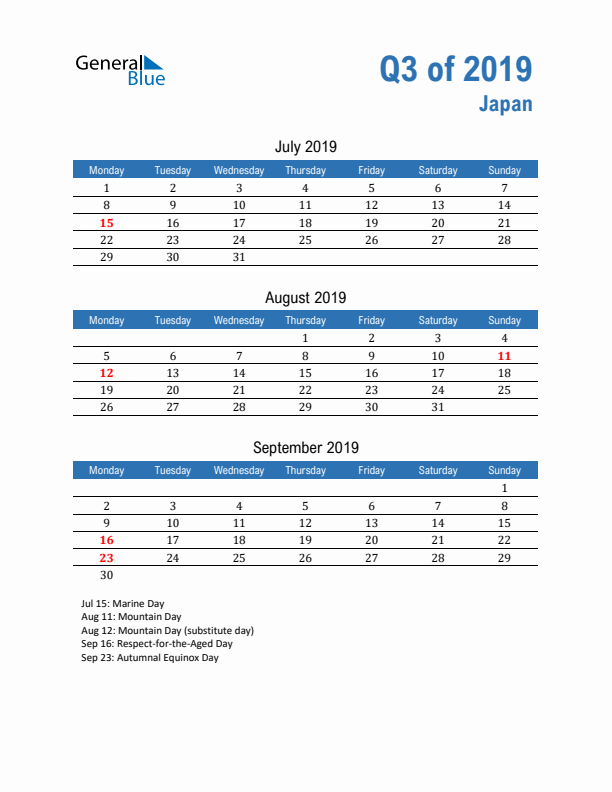 Japan Q3 2019 Quarterly Calendar with Monday Start