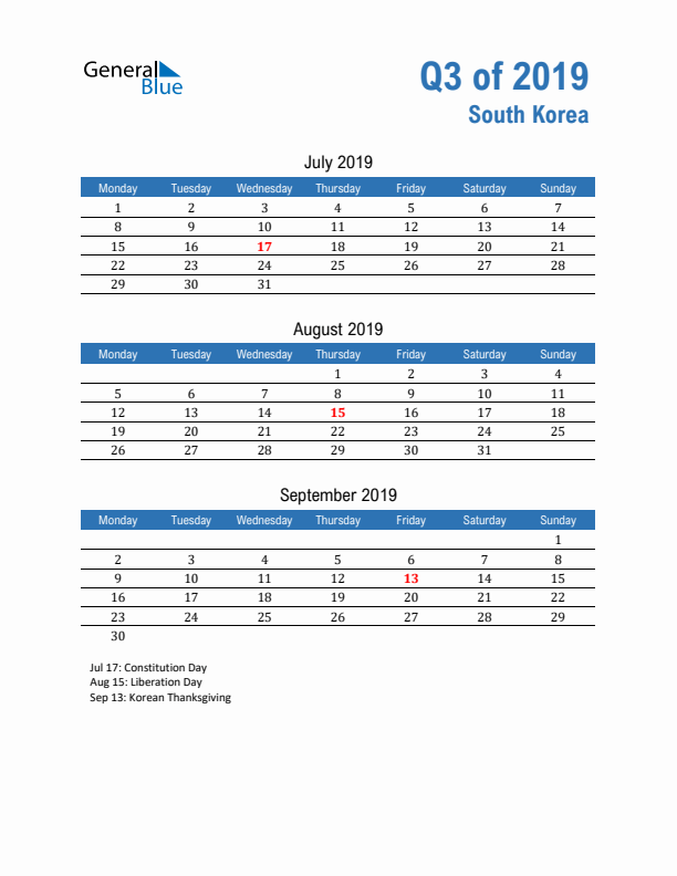 South Korea Q3 2019 Quarterly Calendar with Monday Start