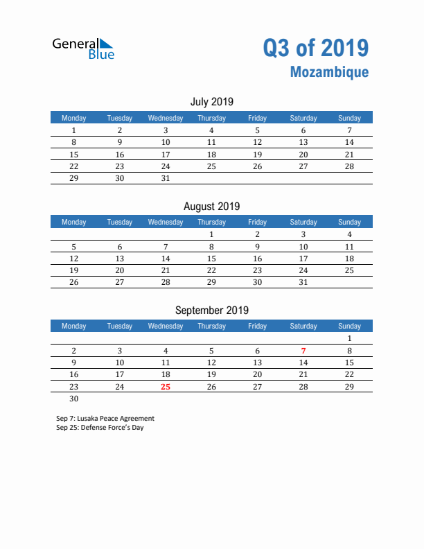 Mozambique Q3 2019 Quarterly Calendar with Monday Start