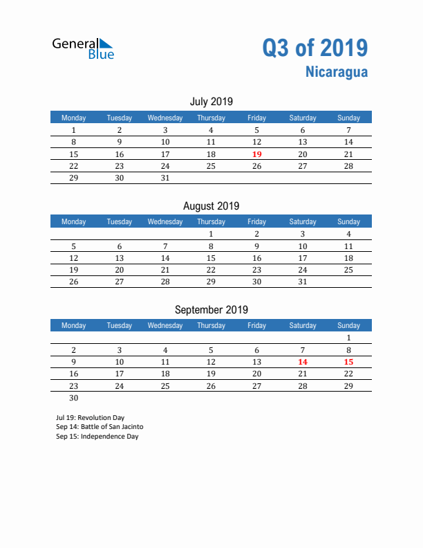 Nicaragua Q3 2019 Quarterly Calendar with Monday Start