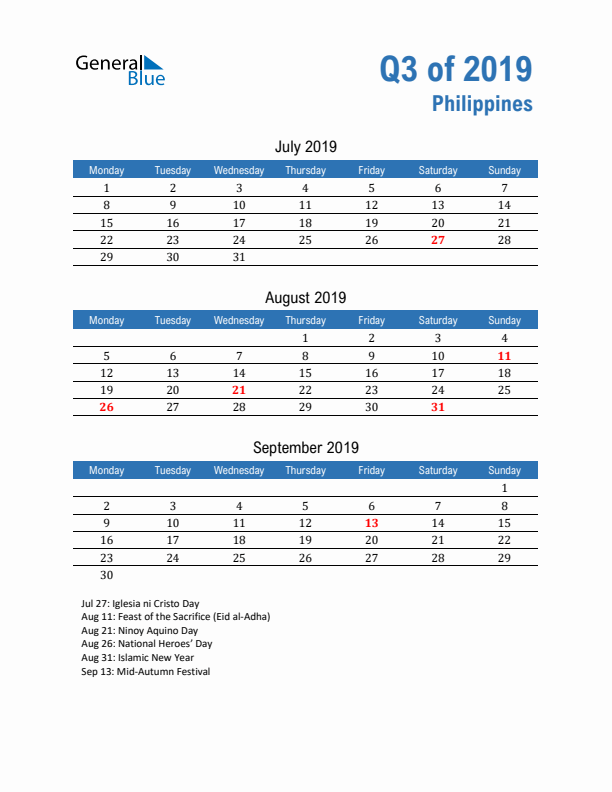 Philippines Q3 2019 Quarterly Calendar with Monday Start