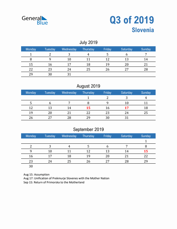 Slovenia Q3 2019 Quarterly Calendar with Monday Start