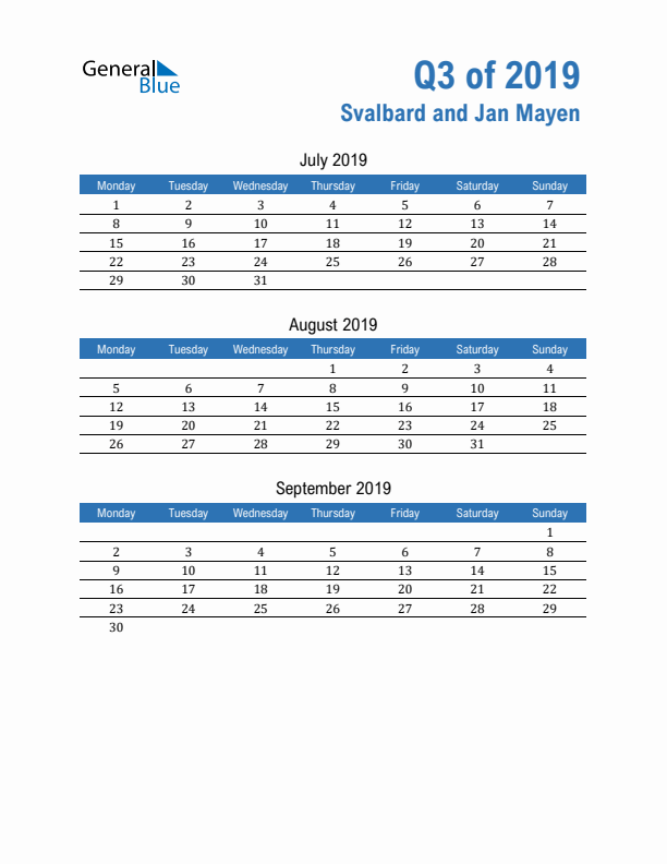 Svalbard and Jan Mayen Q3 2019 Quarterly Calendar with Monday Start