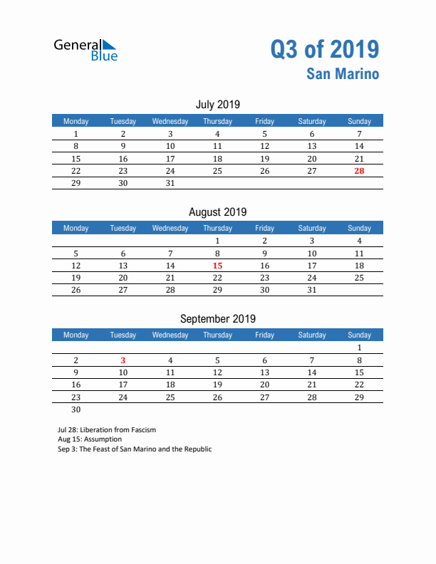 San Marino Q3 2019 Quarterly Calendar with Monday Start