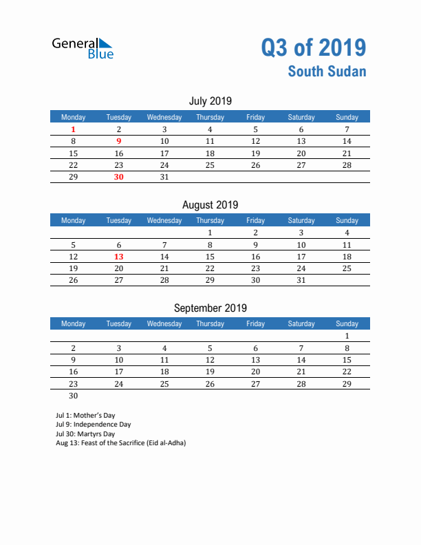 South Sudan Q3 2019 Quarterly Calendar with Monday Start