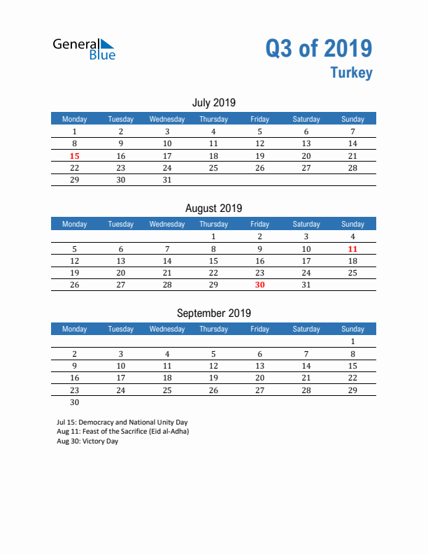 Turkey Q3 2019 Quarterly Calendar with Monday Start