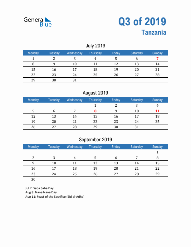 Tanzania Q3 2019 Quarterly Calendar with Monday Start