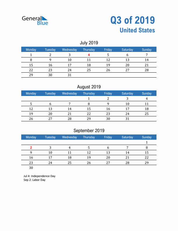 United States Q3 2019 Quarterly Calendar with Monday Start