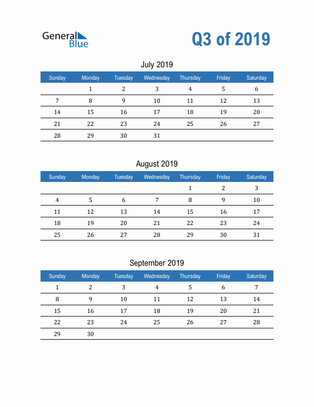 Fillable Quarterly Calendar for Q3 2019