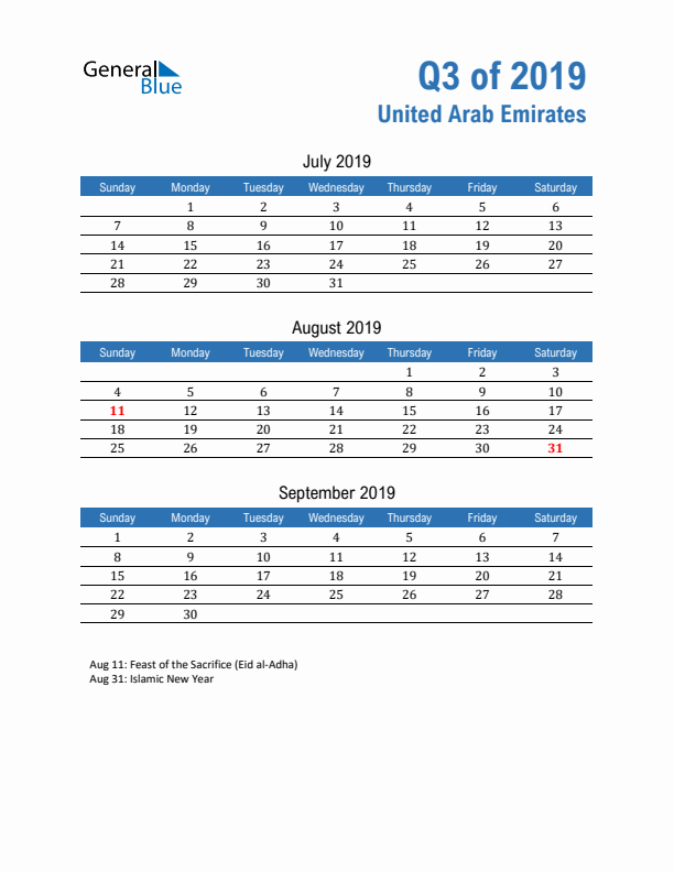 United Arab Emirates Q3 2019 Quarterly Calendar with Sunday Start