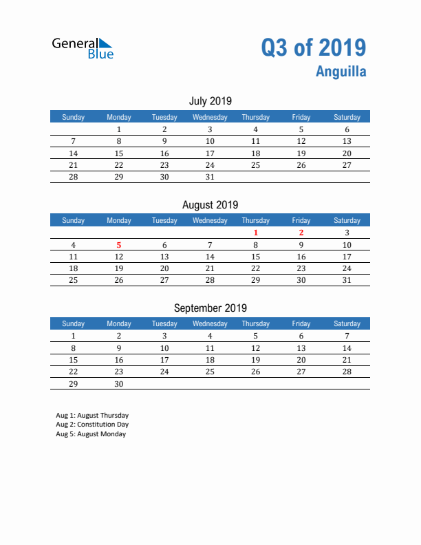 Anguilla Q3 2019 Quarterly Calendar with Sunday Start